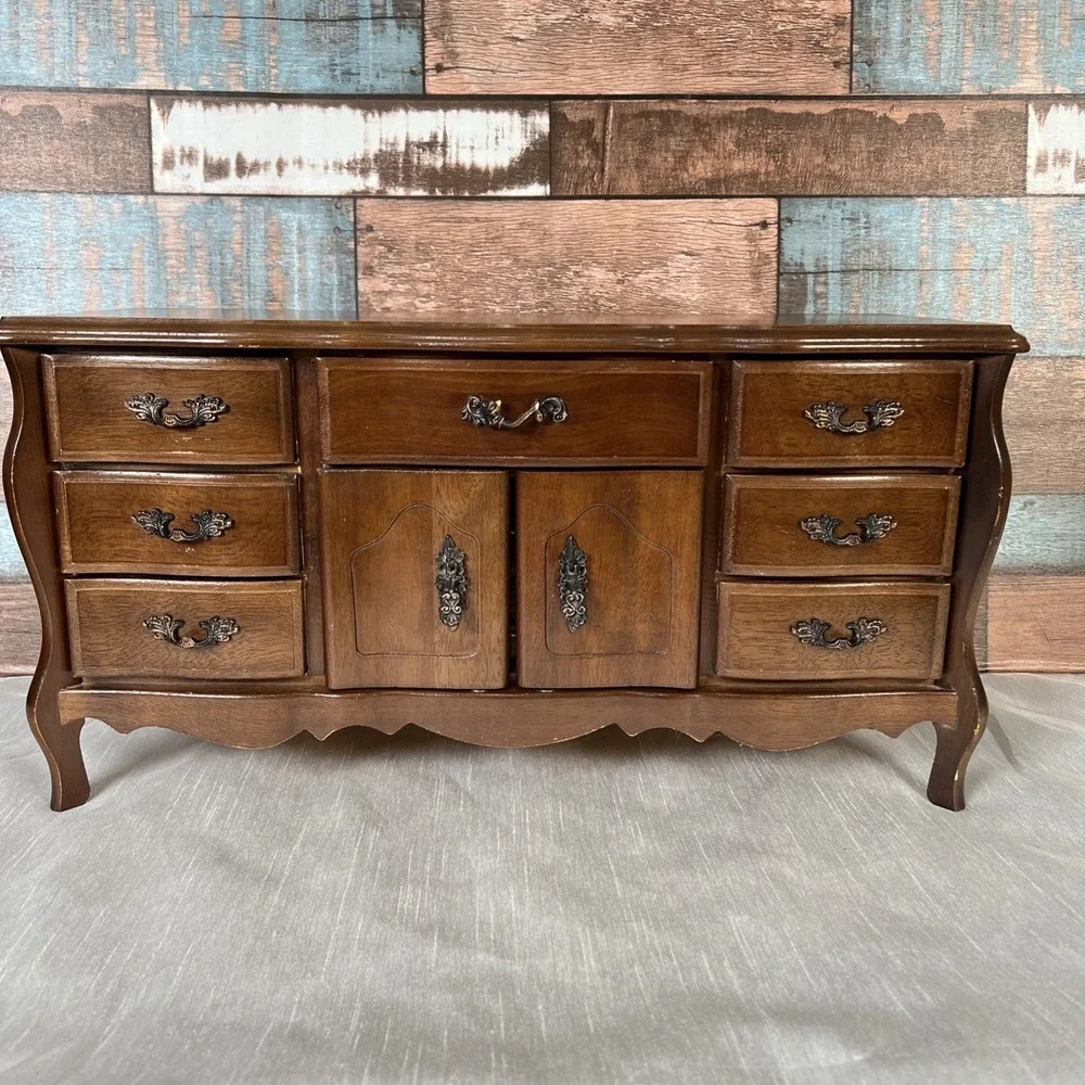 Large Vintage French Provincial Musical Jewelry Box 1970s 9 Drawers